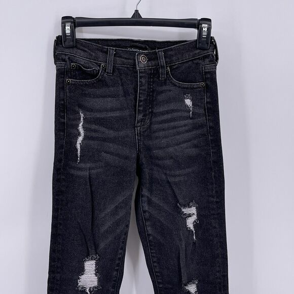 Fashion Nova Sz 0 Black Slim Straight Leg Jeans Mid Rise Distressed 24x29 - Picture 2 of 8